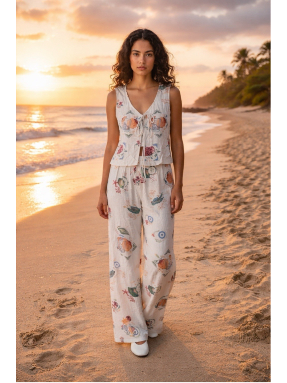 Cali1850 Linen Blend 2-Piece Lounge Set Tie Front Top & Wide Leg Pants Novelty